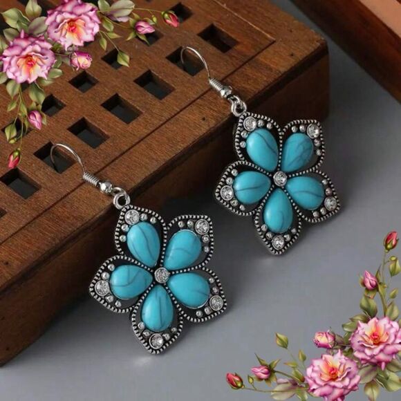 Elegant Alloy Ear Studs With Fake Turquoise stones Boho Style earrings studs - Picture 1 of 10